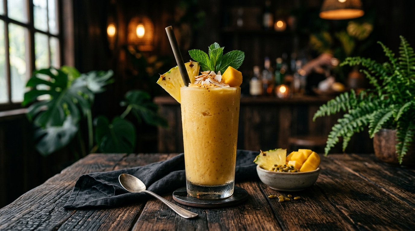 Finished tropical pineapple and mango milkshake served