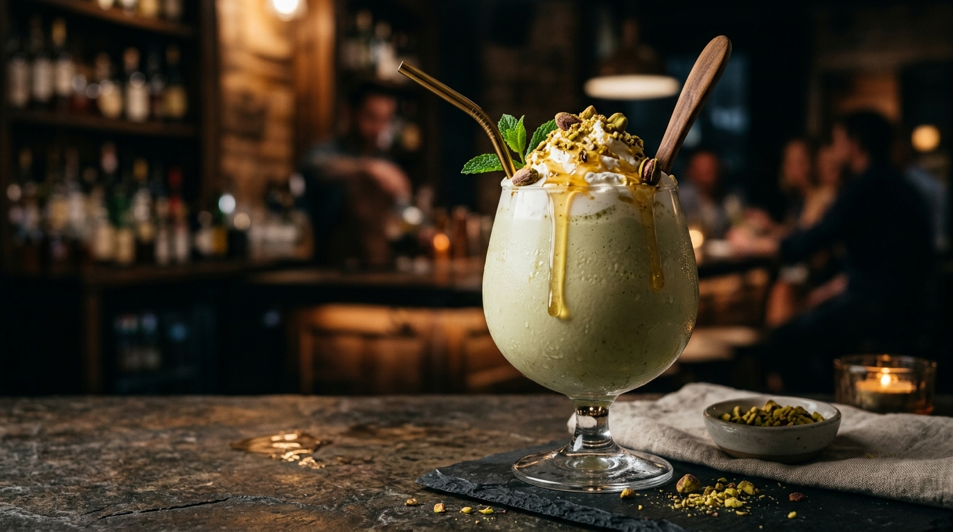 Finished smooth pistachio and honey milkshake served