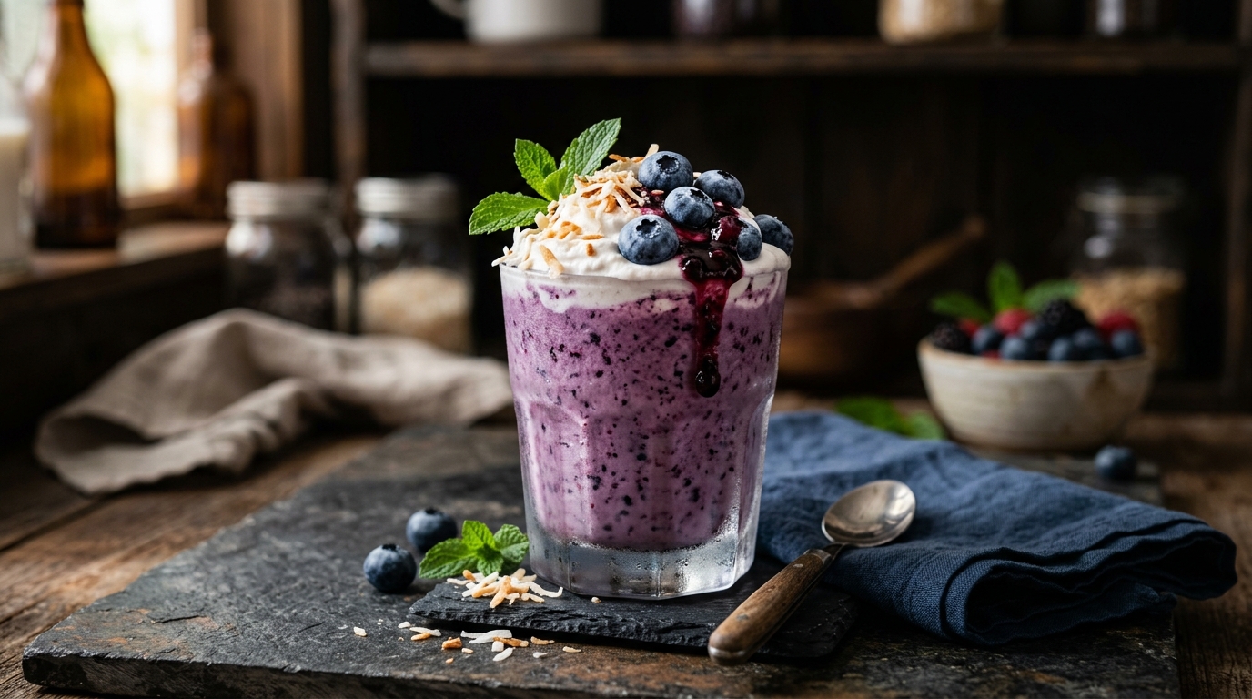 Finished vegan blueberry and coconut milkshake served