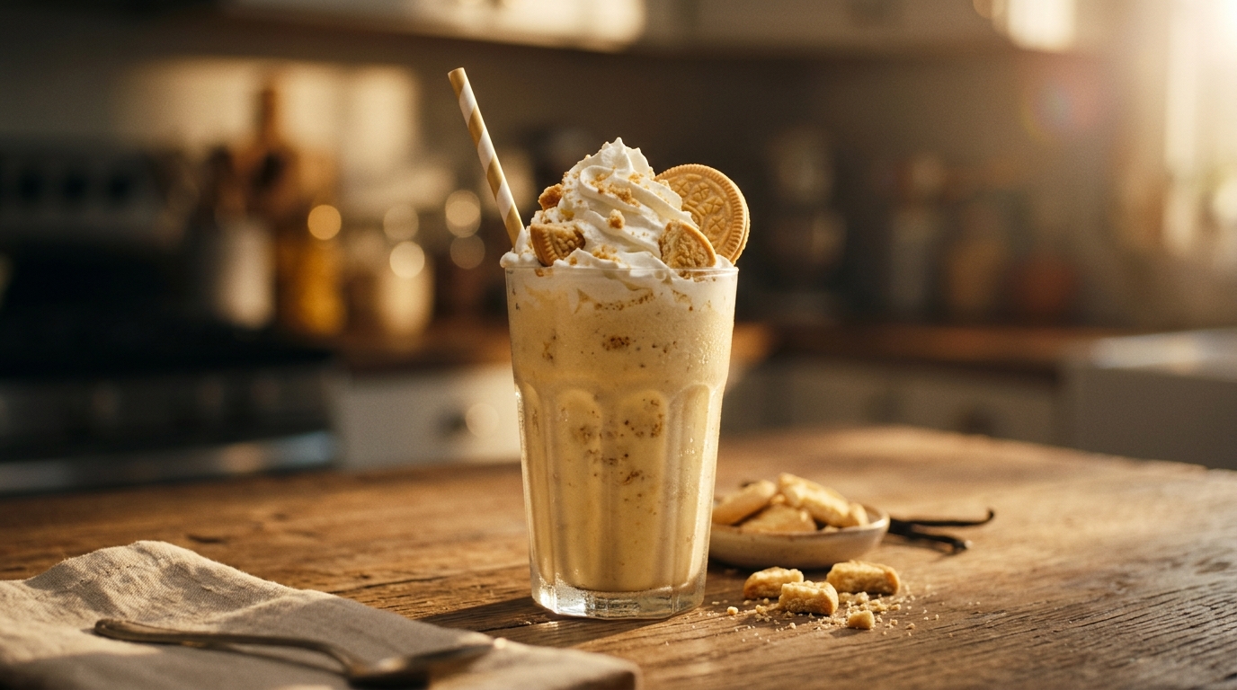 Finished golden vanilla cookie milkshake ready to enjoy