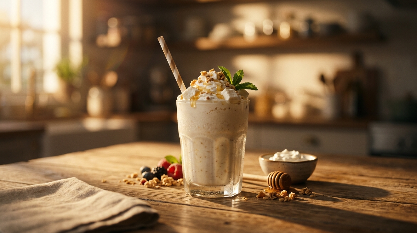Finished greek yogurt milkshake ready to enjoy