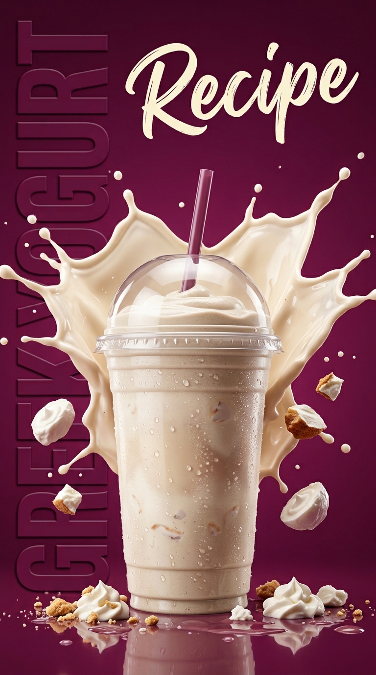 Creamy Greek yogurt milkshake topped with berries in a chilled glass