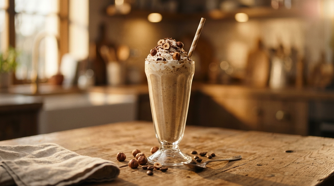 Finished hazelnut coffee milkshake ready to enjoy