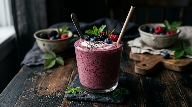 Berry Antioxidant Milkshake with Greek Yogurt and Chia Seeds