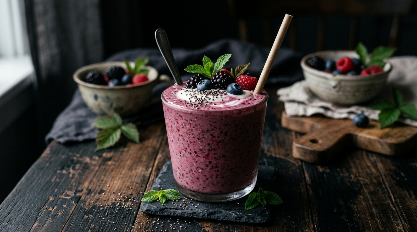 Berry Antioxidant Milkshake with Greek Yogurt and Chia Seeds - main hero image