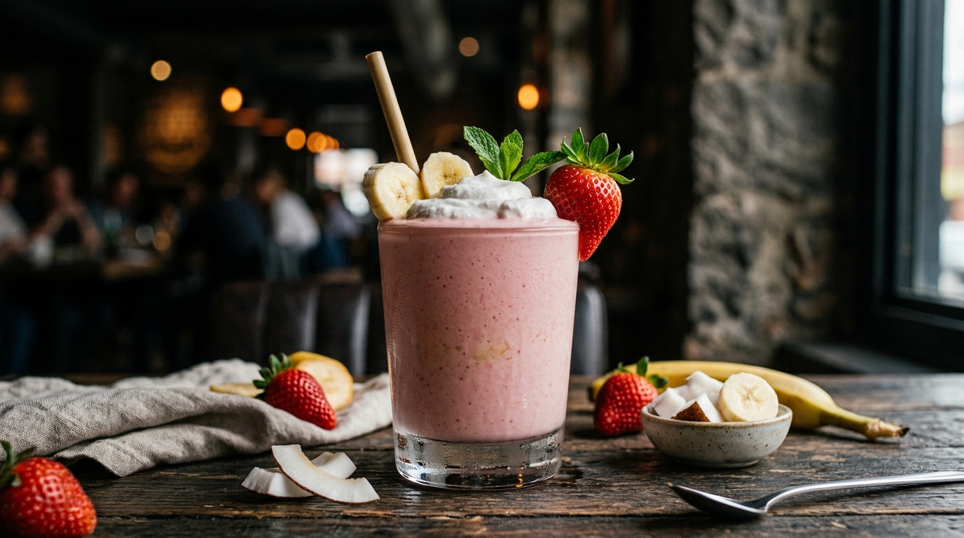 Strawberry Banana Vegan Milkshake with Coconut Cream - main hero image