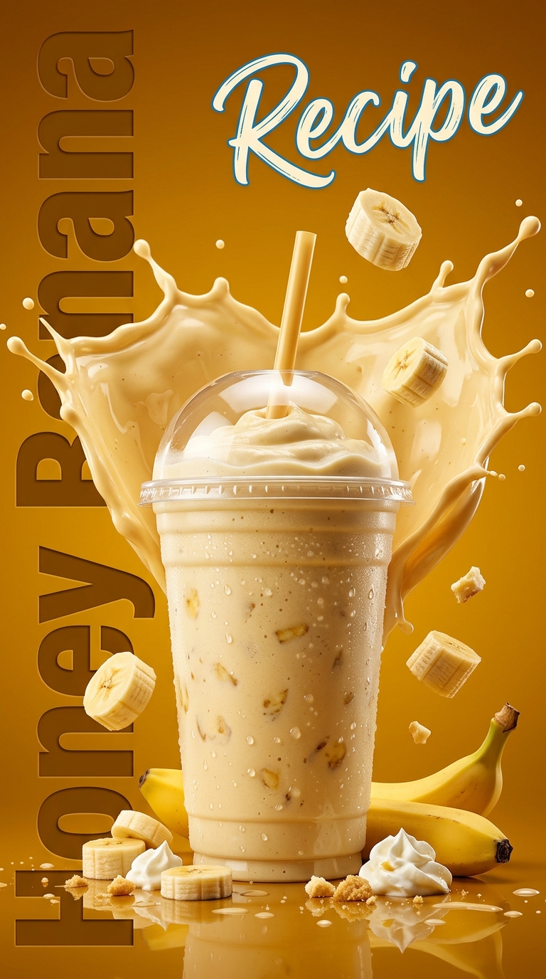 Creamy honey banana milkshake topped with a honey drizzle in a chilled glass