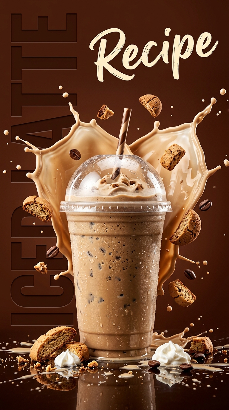 Creamy iced latte milkshake topped with whipped cream and a dusting of coffee in a chilled glass