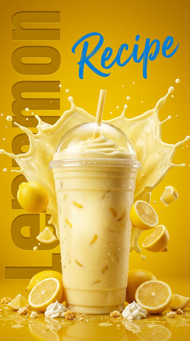 Creamy lemon milkshake topped with whipped cream and a lemon slice in a chilled glass