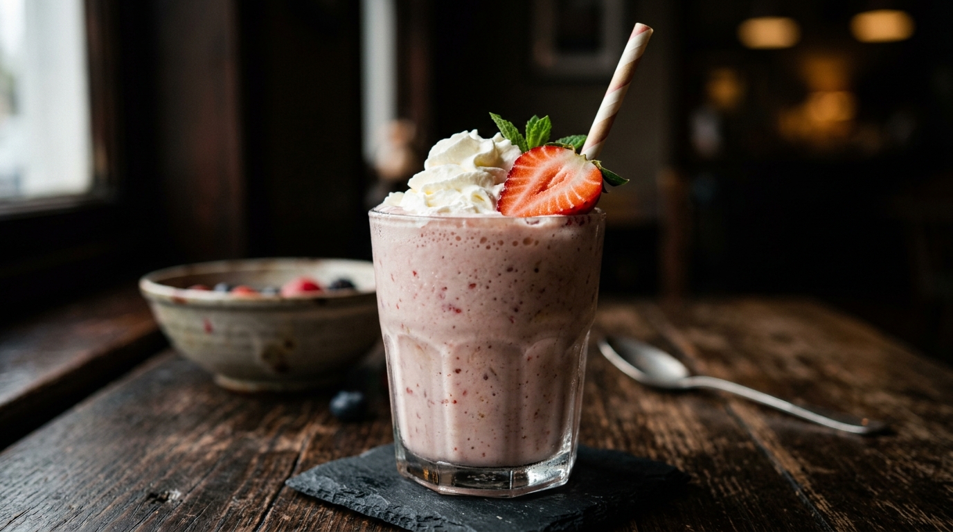 Close-up of simple strawberry banana milkshake in 5 minutes