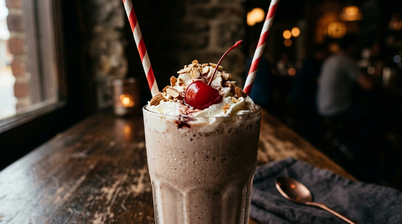 Close-up of classic cherry and almond milkshake