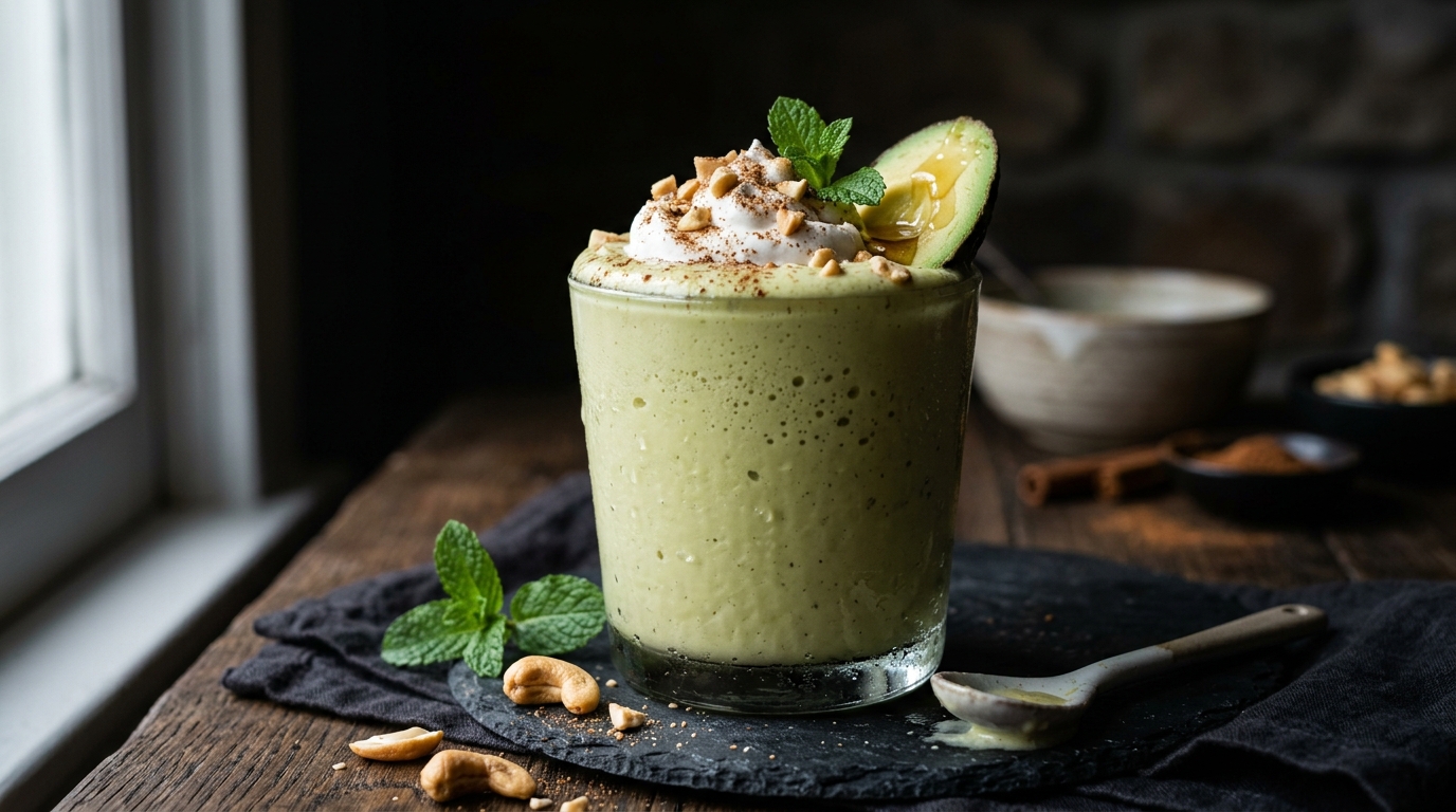 Close-up of creamy cashew avocado milkshake