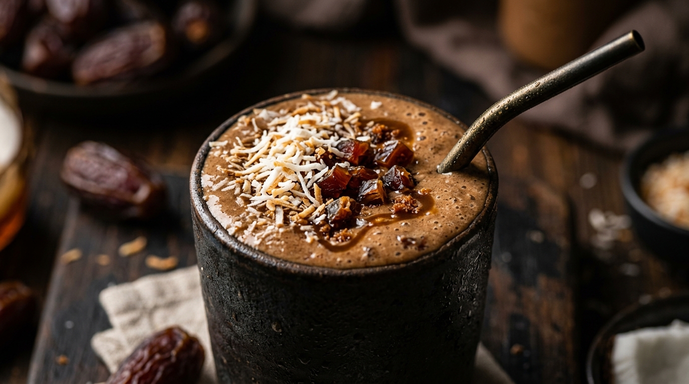 Close-up of vegan coconut date shake