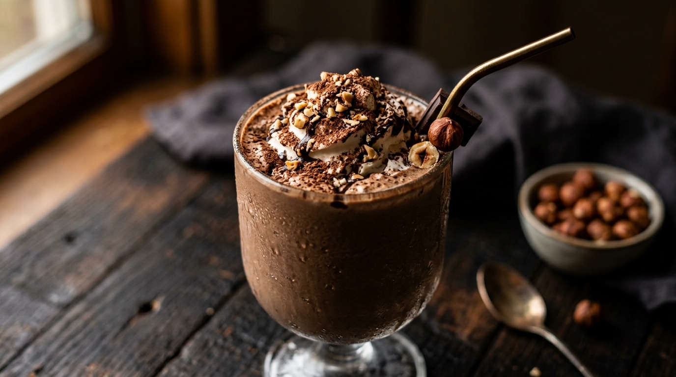 Close-up of hazelnut mocha protein milkshake