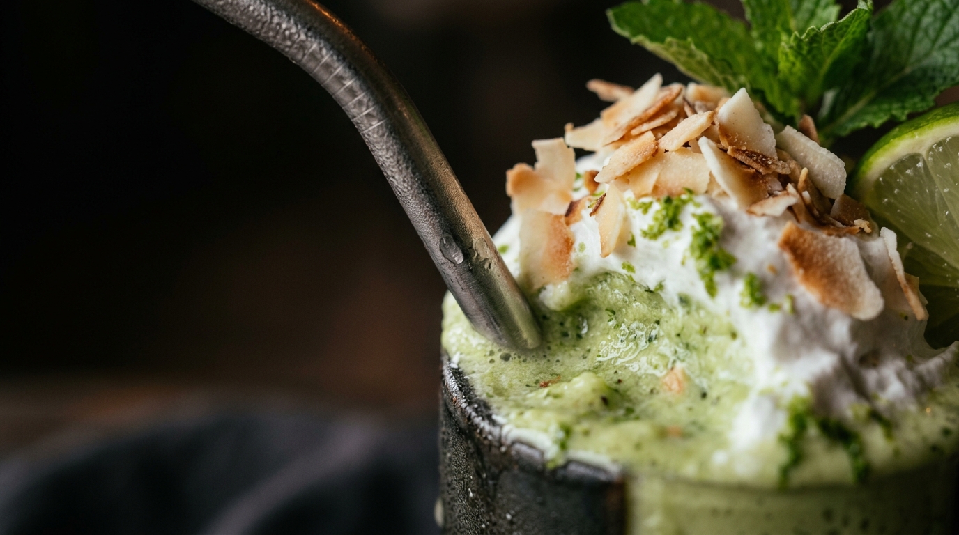 Close-up of avocado lime vegan milkshake