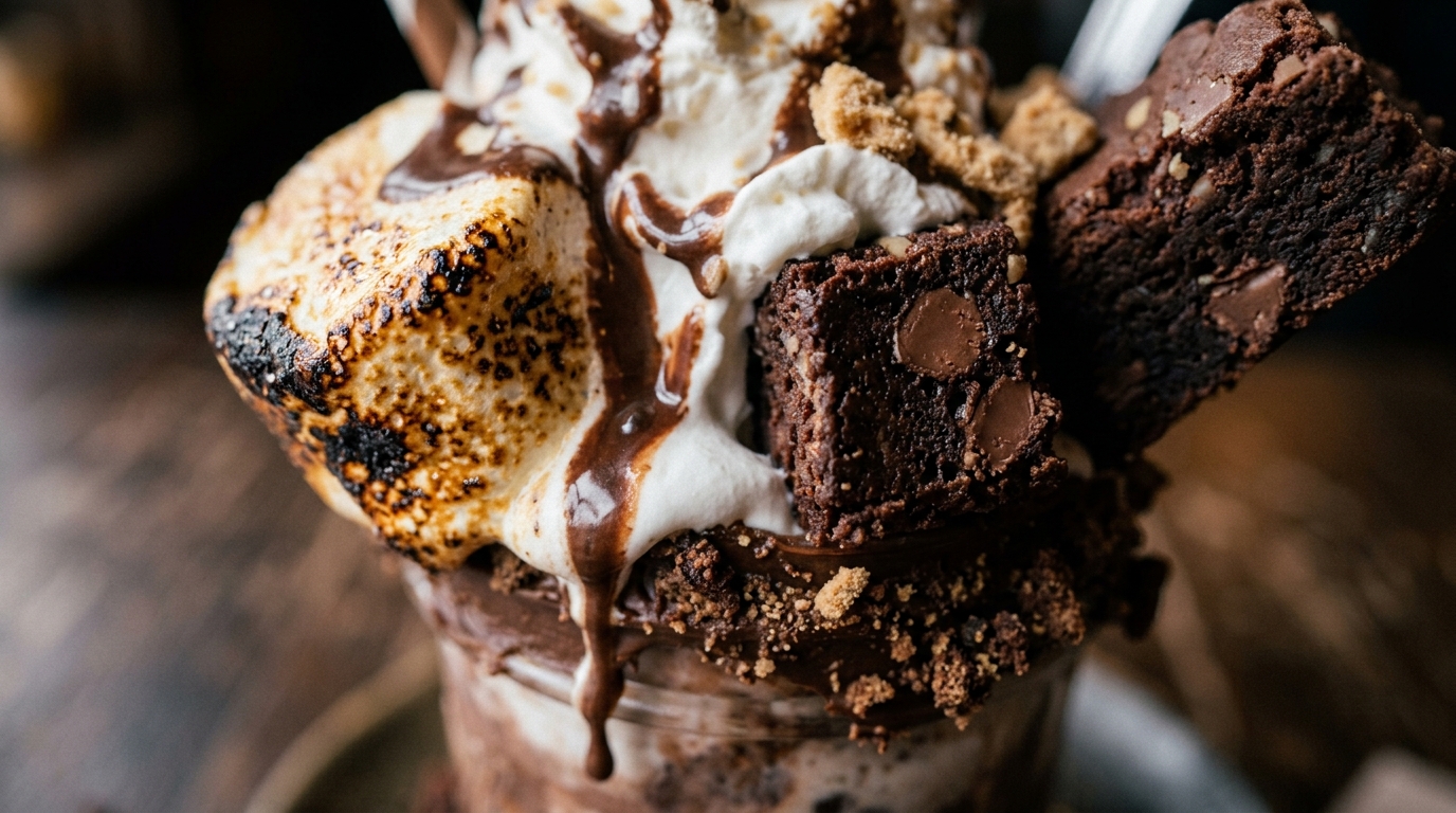 Close-up of brownie marshmallow swirl milkshake