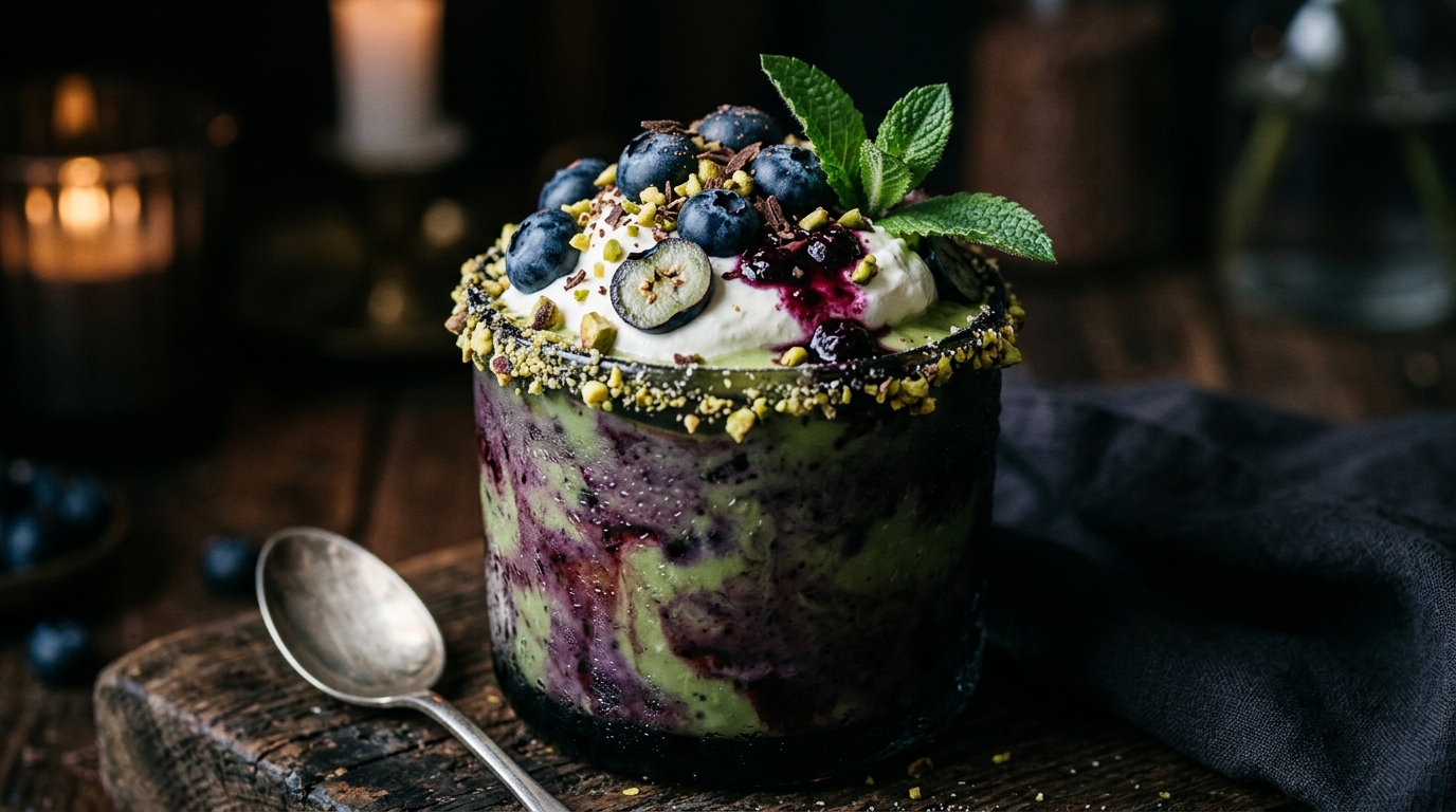 Close-up of luxurious avocado blueberry milkshake