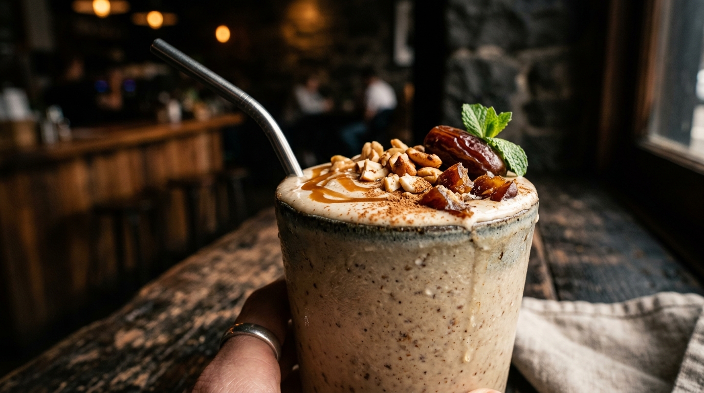 Close-up of delicious date cashew milkshake