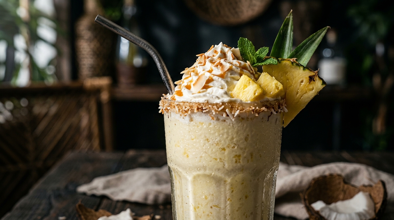Close-up of tropical pineapple coconut milkshake