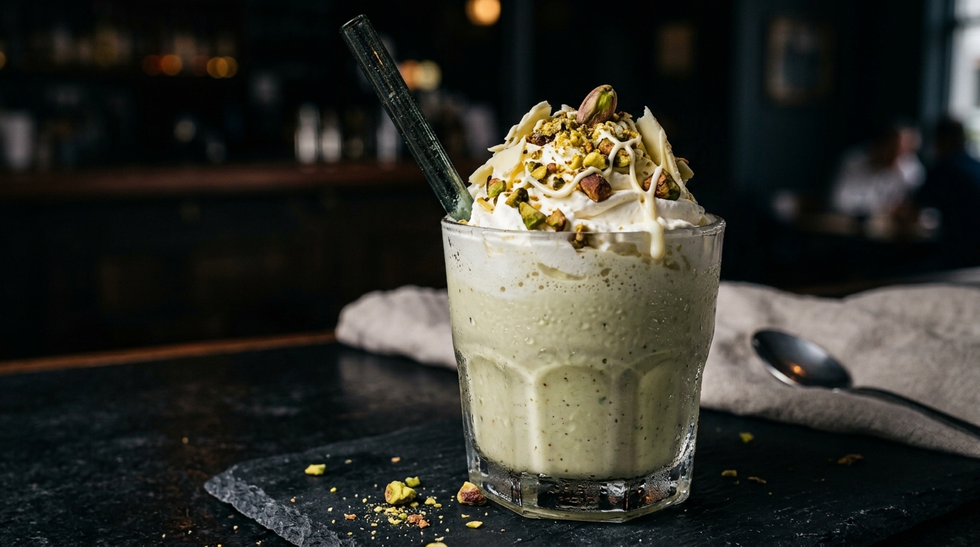 Close-up of smooth white chocolate pistachio milkshake