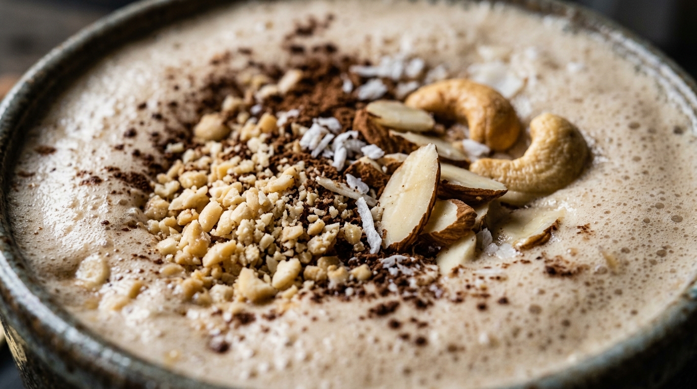 Close-up of creamy cashew almond protein shake