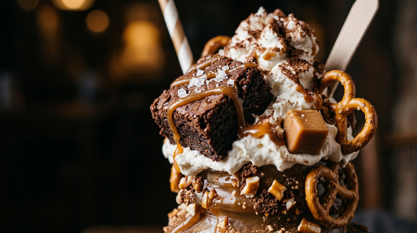 Close-up of salted caramel brownie freakshake