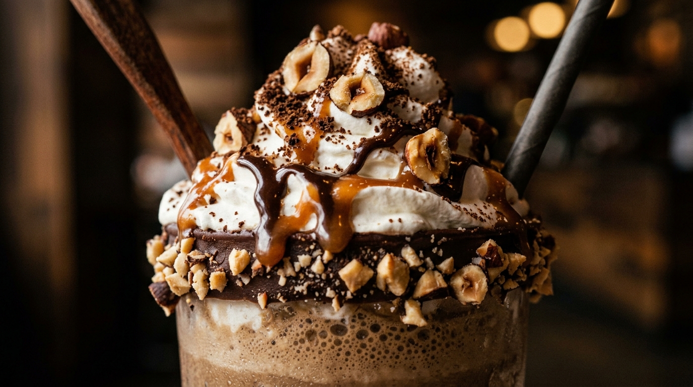 Close-up of rich hazelnut coffee milkshake