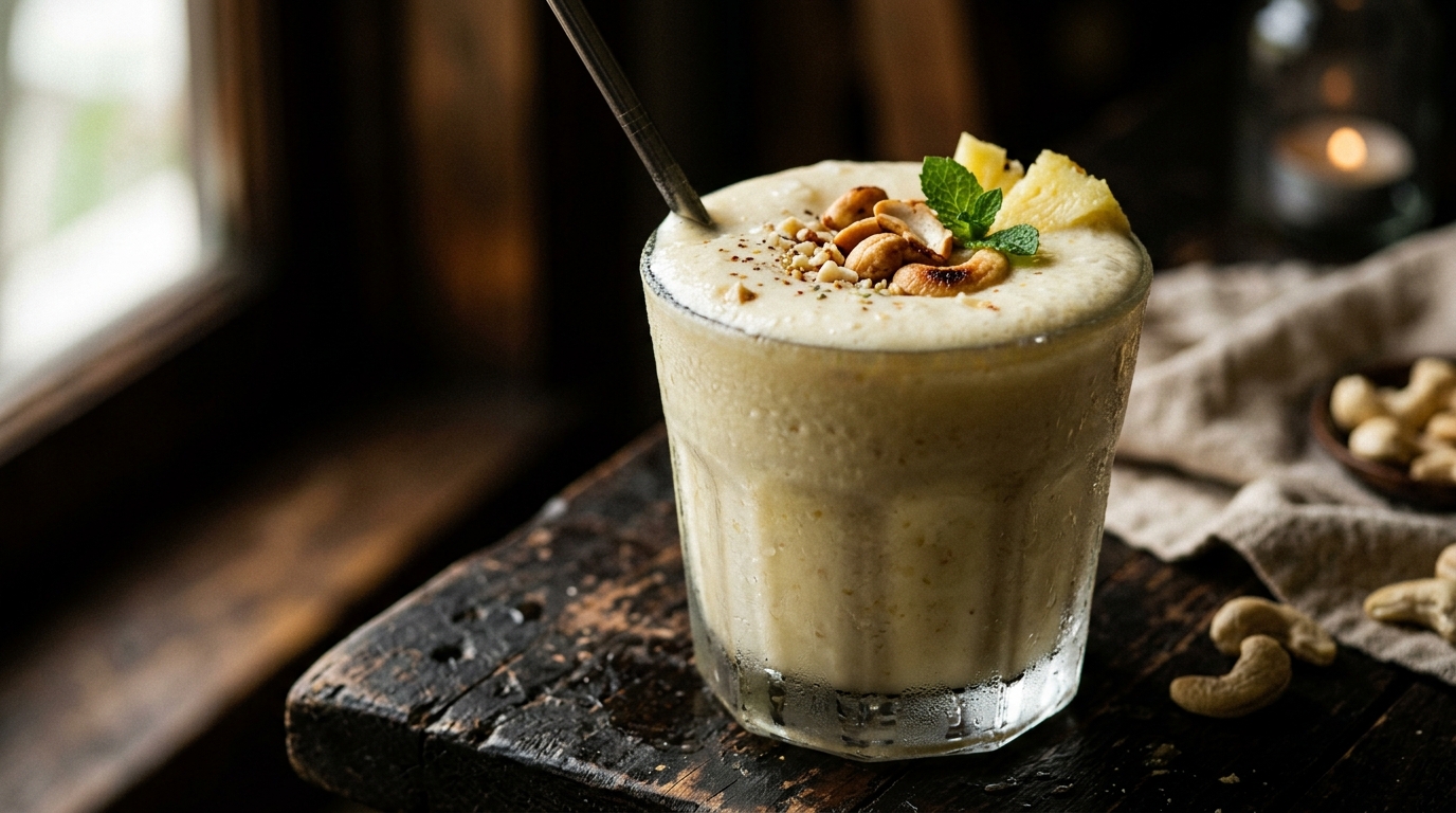 Close-up of refreshing pineapple cashew milkshake