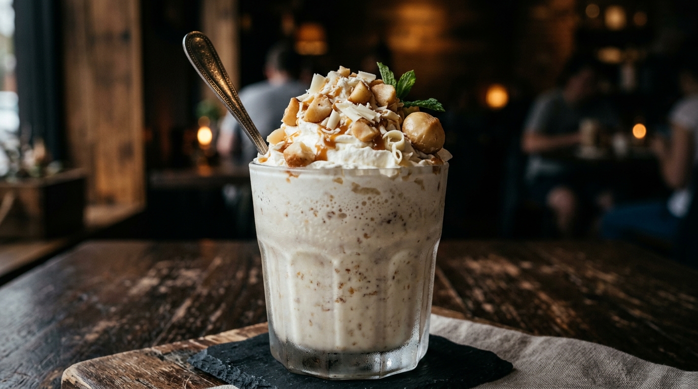Close-up of velvety white chocolate macadamia milkshake