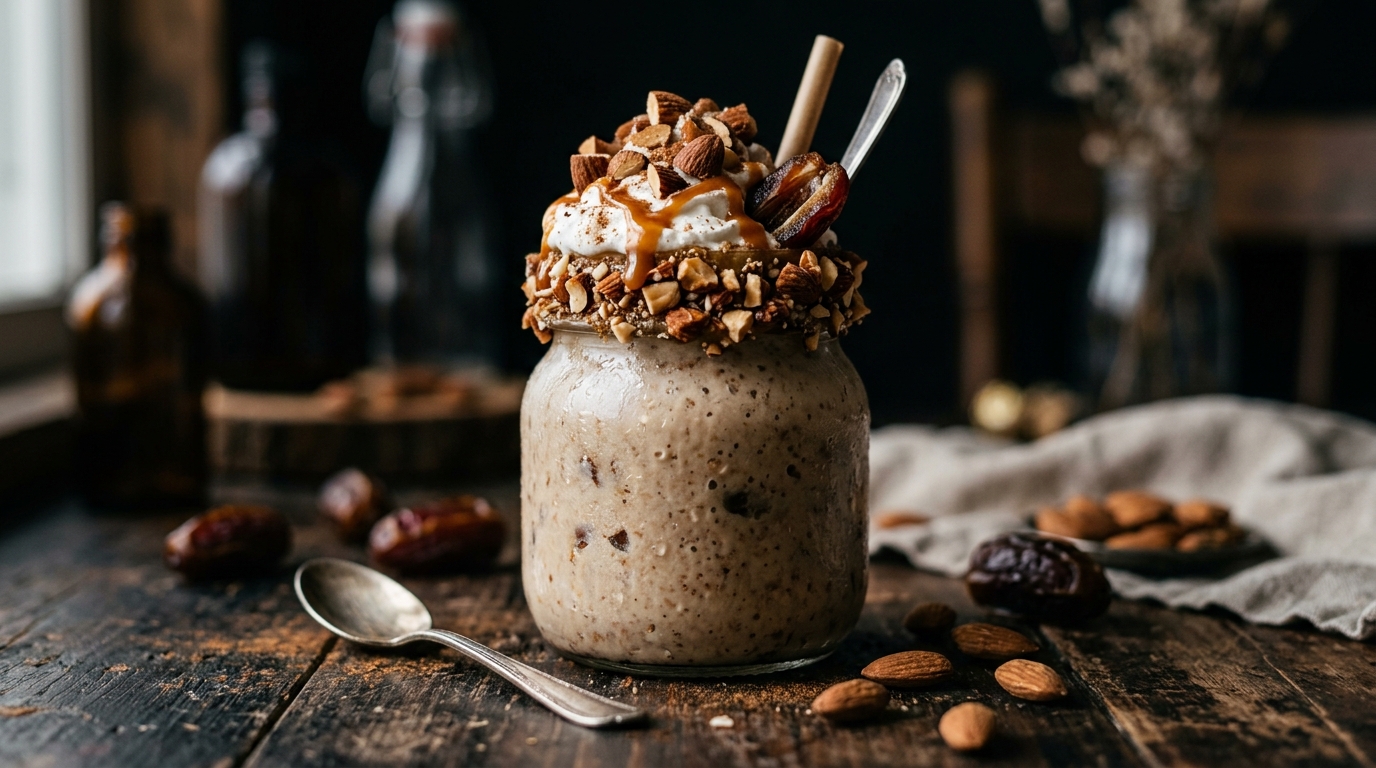 Close-up of nutty date almond milkshake