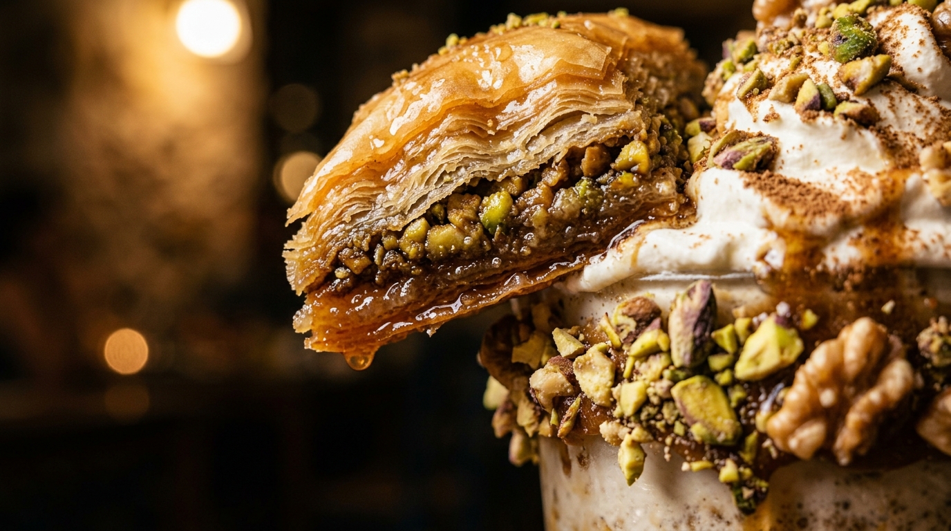 Close-up of greek baklava milkshake