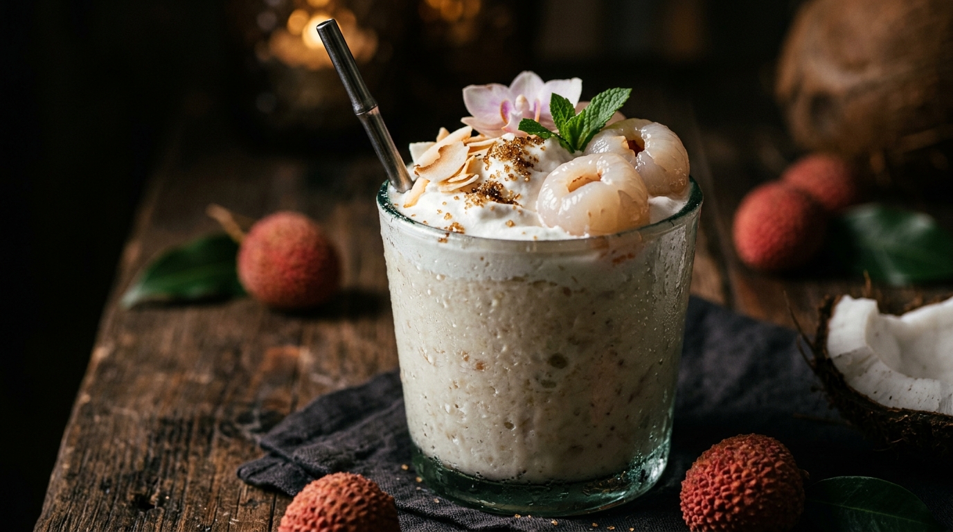 Close-up of exotic lychee coconut milkshake