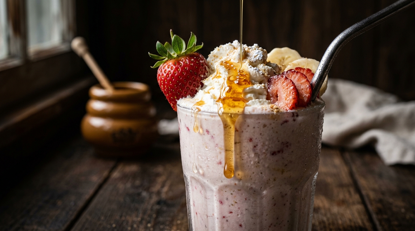 Close-up of strawberry banana milkshake with honey drizzle