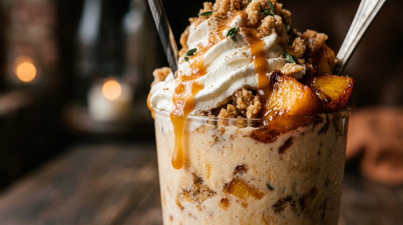 Close-up of summer peach cobbler milkshake