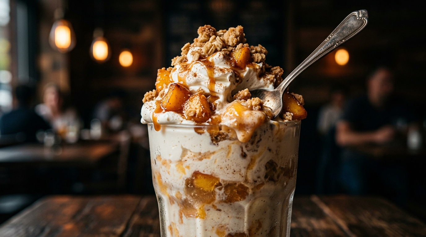 Close-up of peach cobbler vanilla milkshake