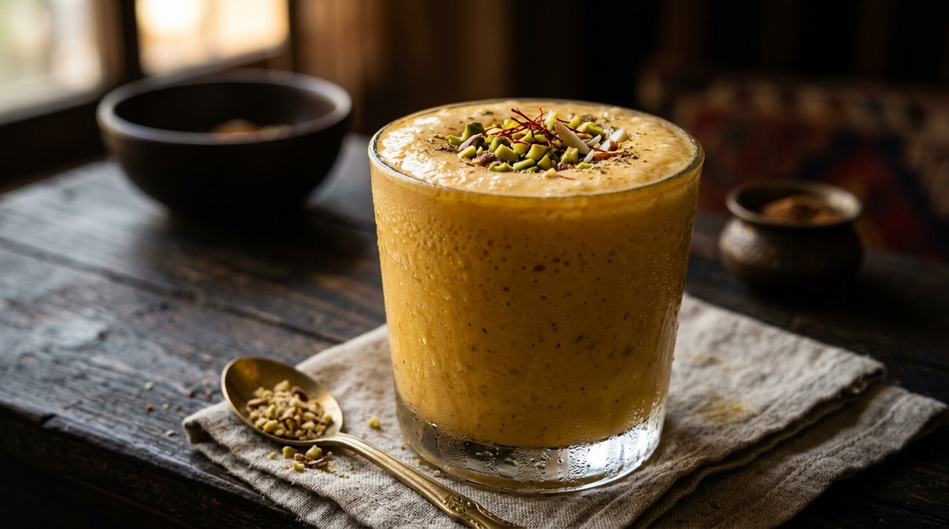 Close-up of indian mango lassi milkshake