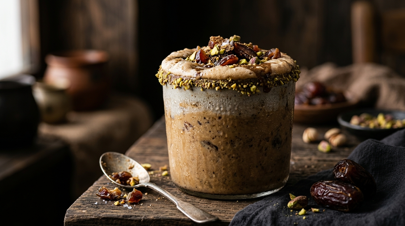 Close-up of middle eastern date and tahini milkshake