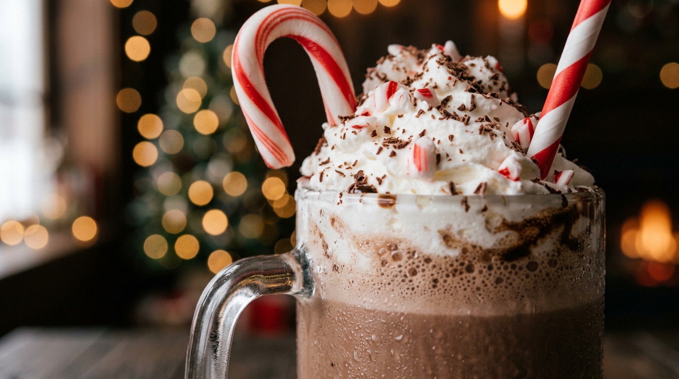 Close-up of winter peppermint mocha milkshake