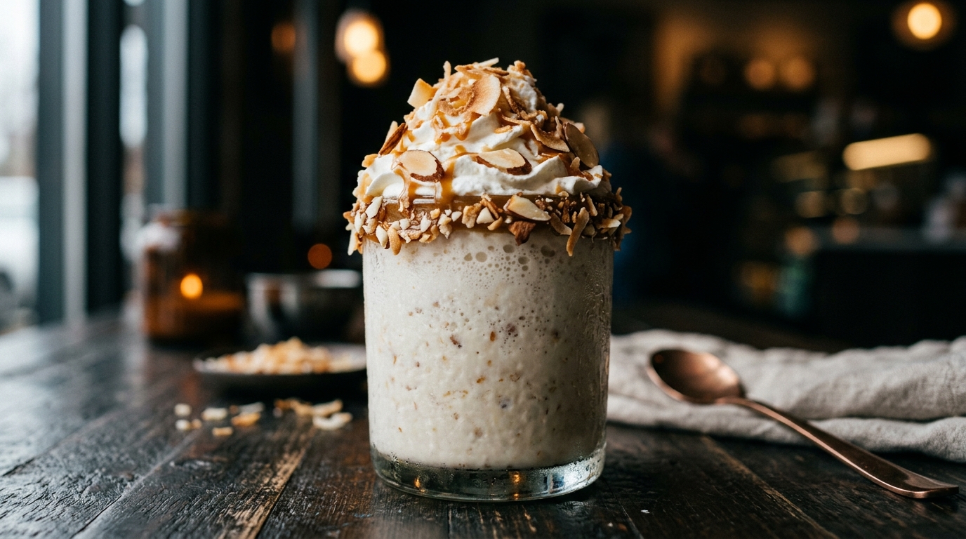 Close-up of toasted coconut almond milkshake