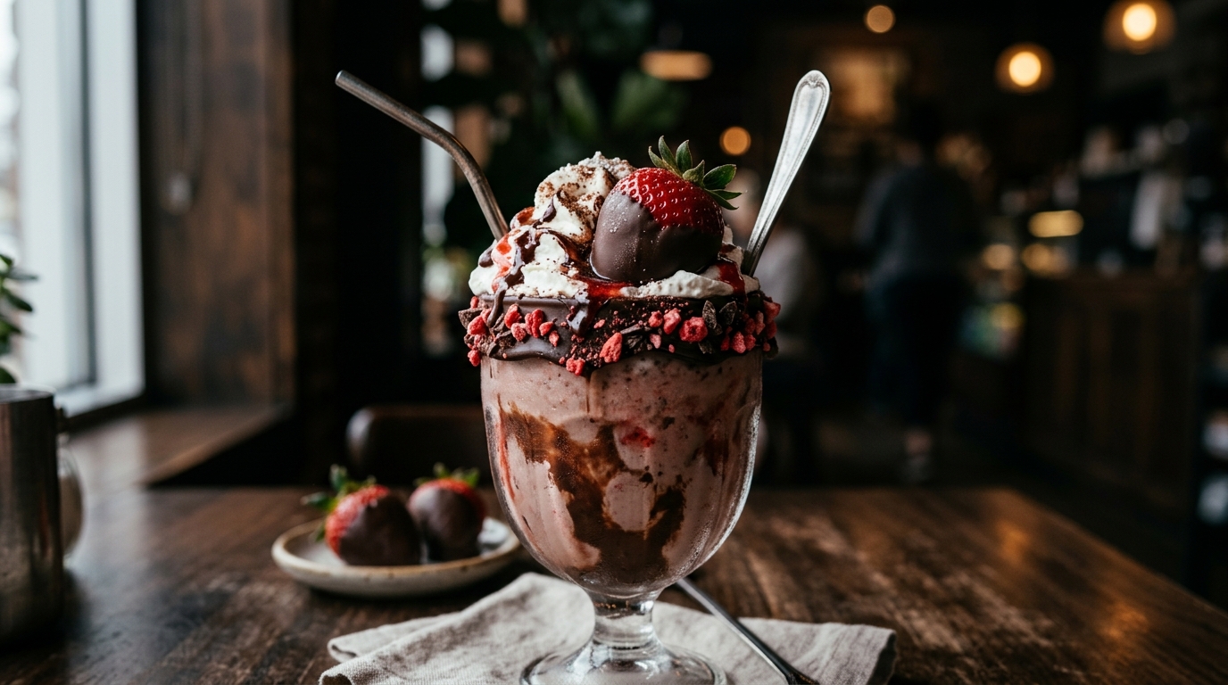 Close-up of chocolate covered strawberry milkshake