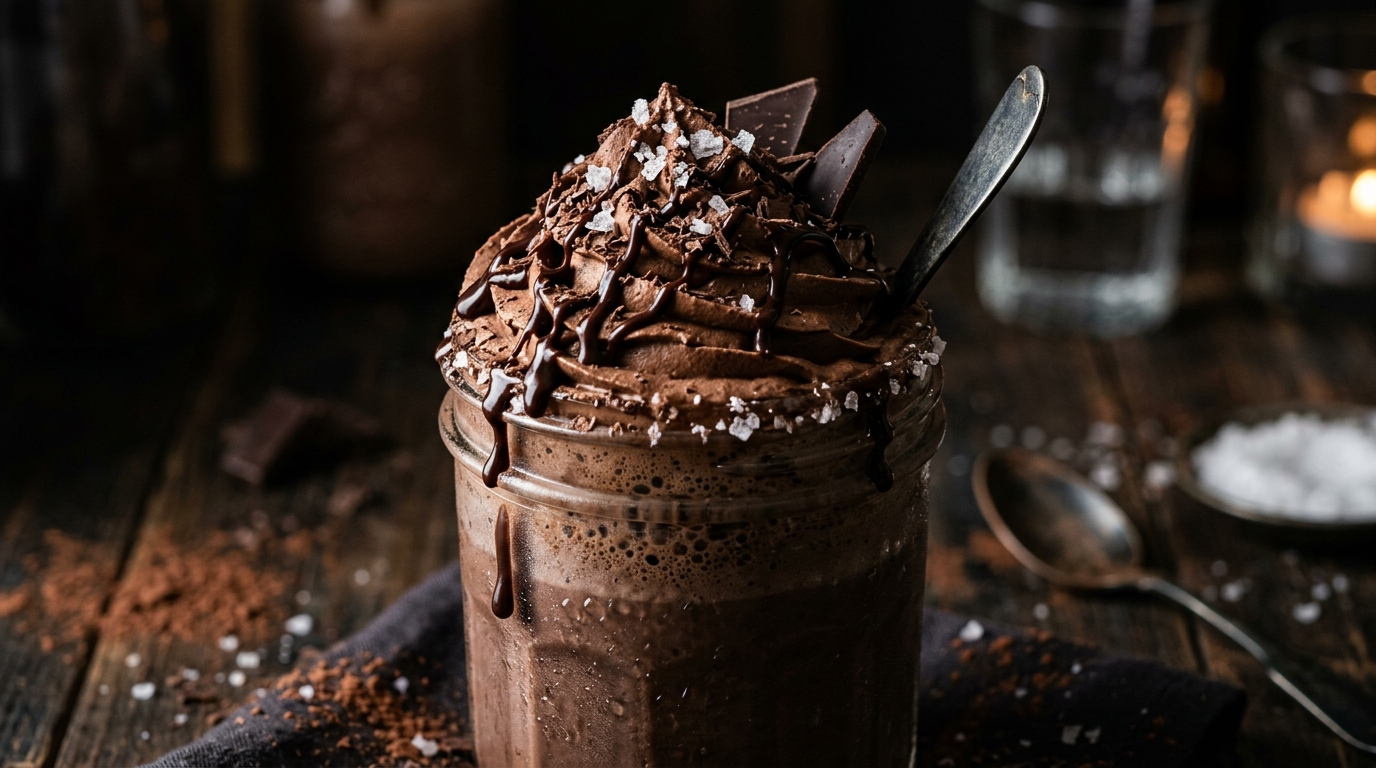 Close-up of decadent dark chocolate milkshake with sea salt