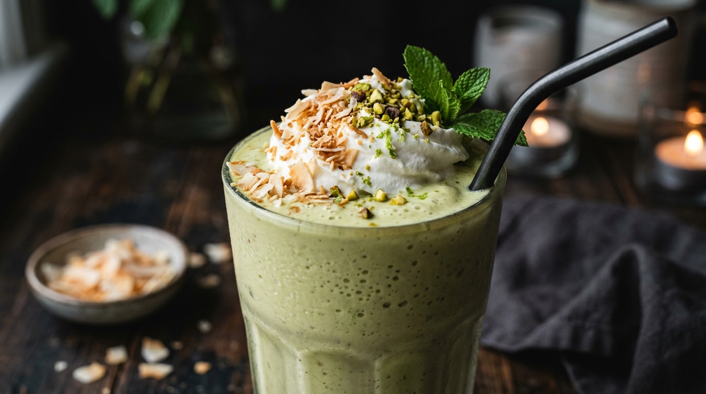 Close-up of creamy avocado coconut milkshake