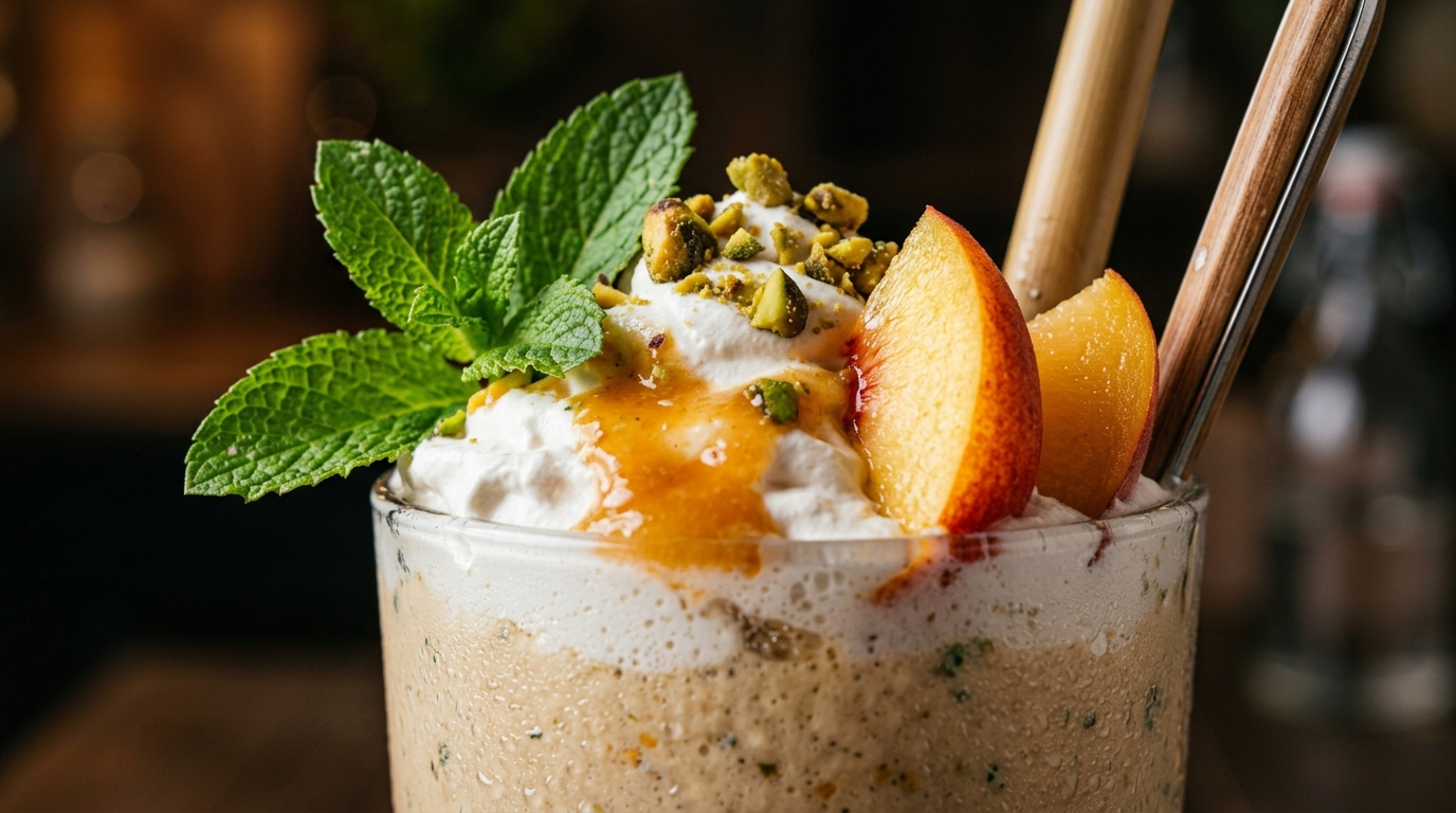 Close-up of refreshing peach mint vegan milkshake