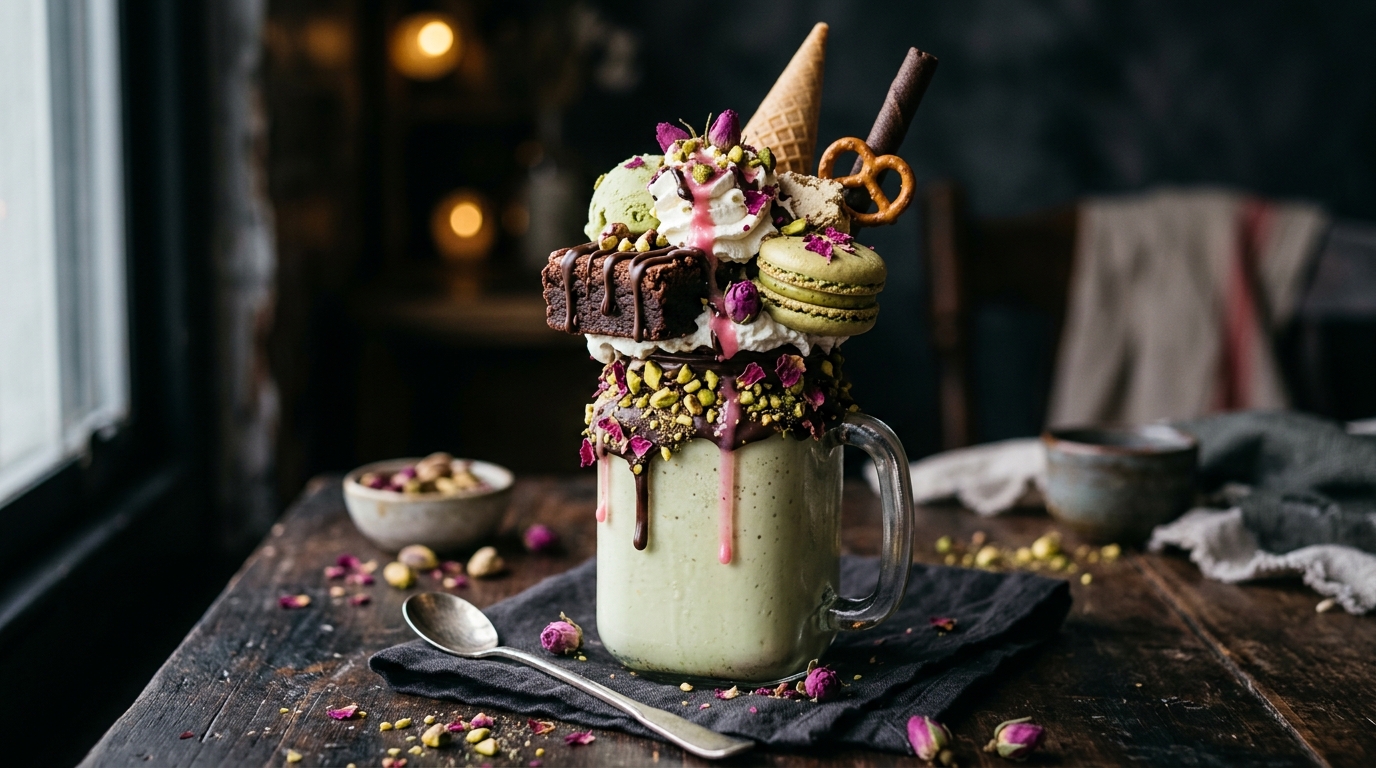 Close-up of loaded pistachio rosewater freakshake