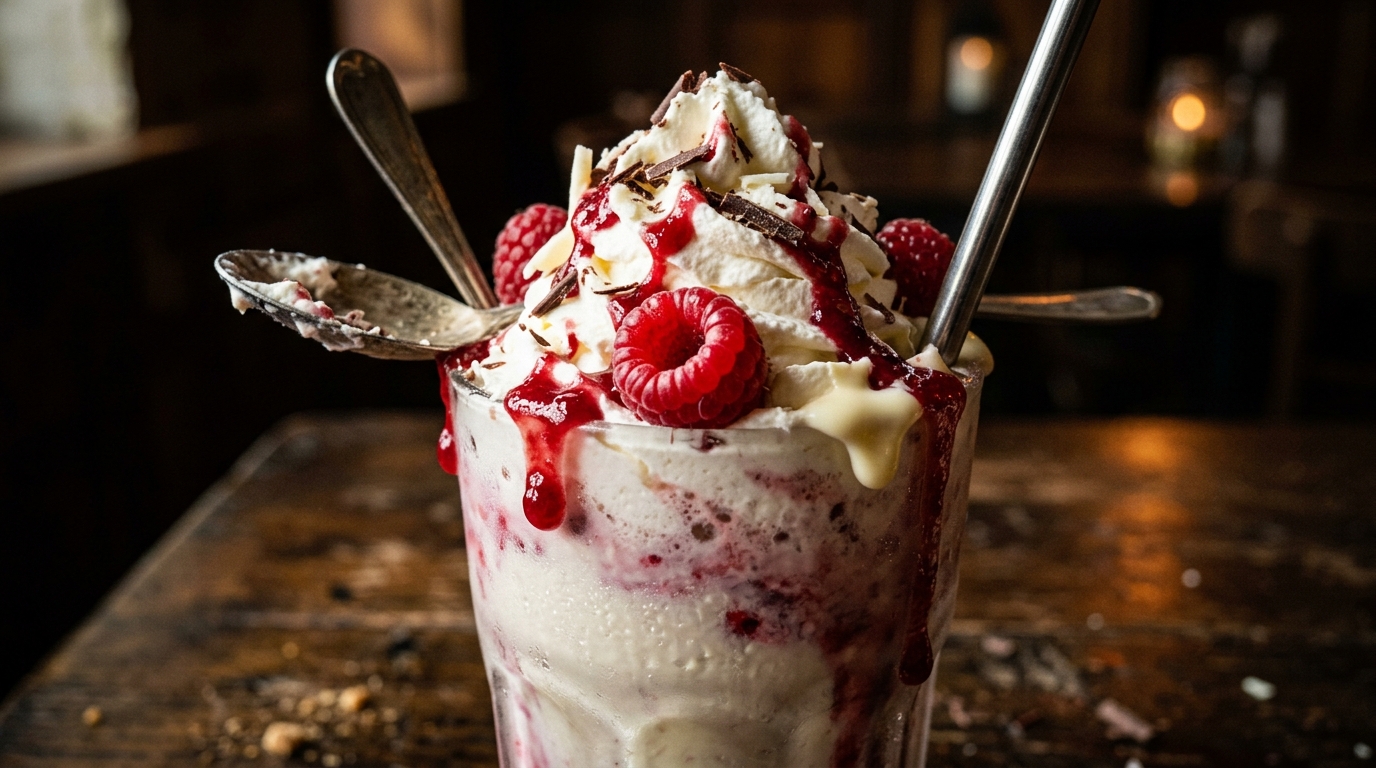 Close-up of white chocolate raspberry milkshake