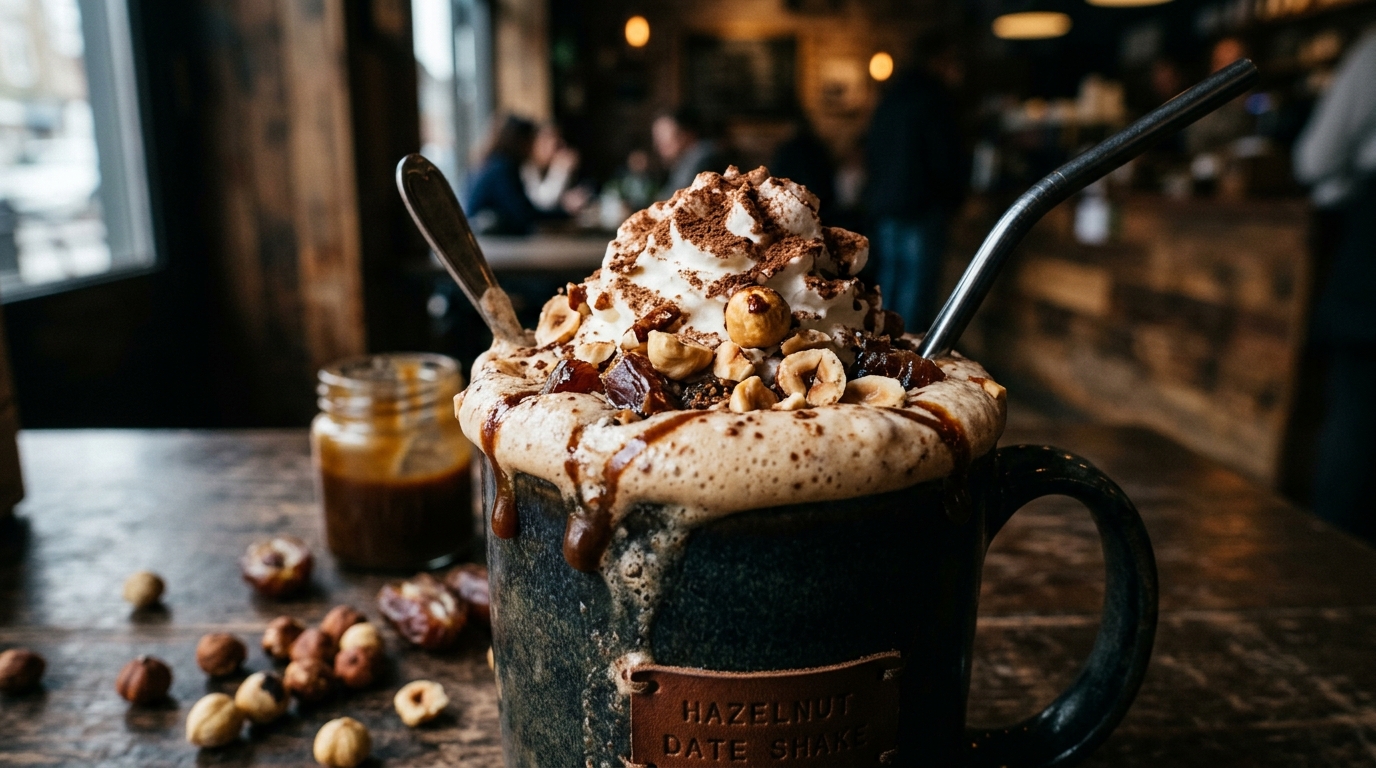 Close-up of high-protein hazelnut date milkshake