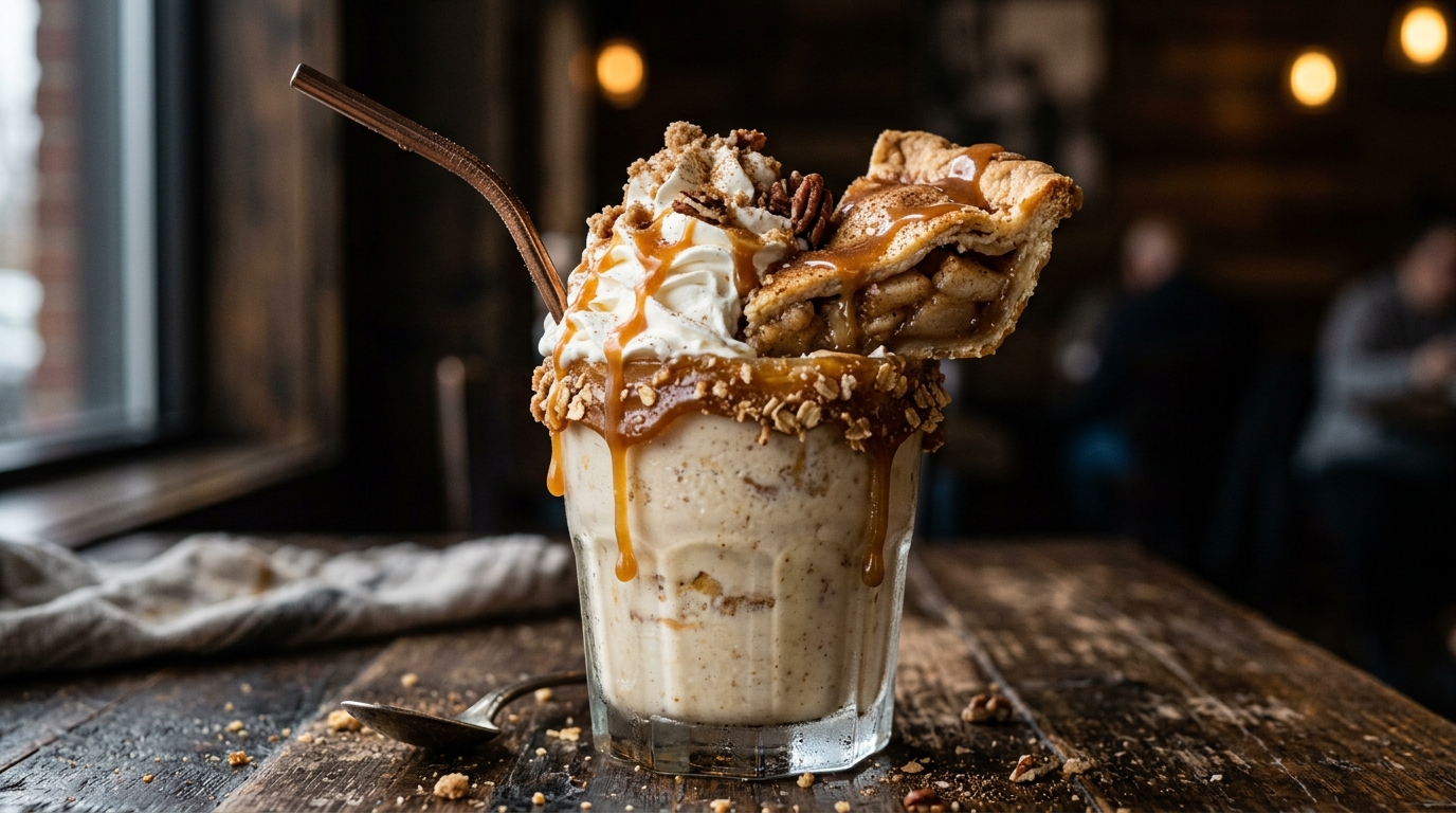 Close-up of caramel apple pie milkshake
