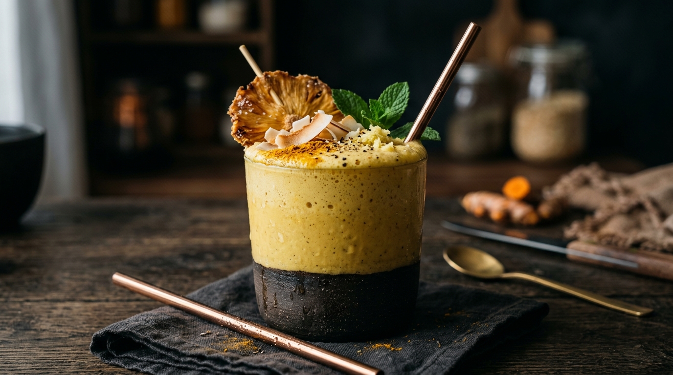 Close-up of tropical pineapple turmeric milkshake