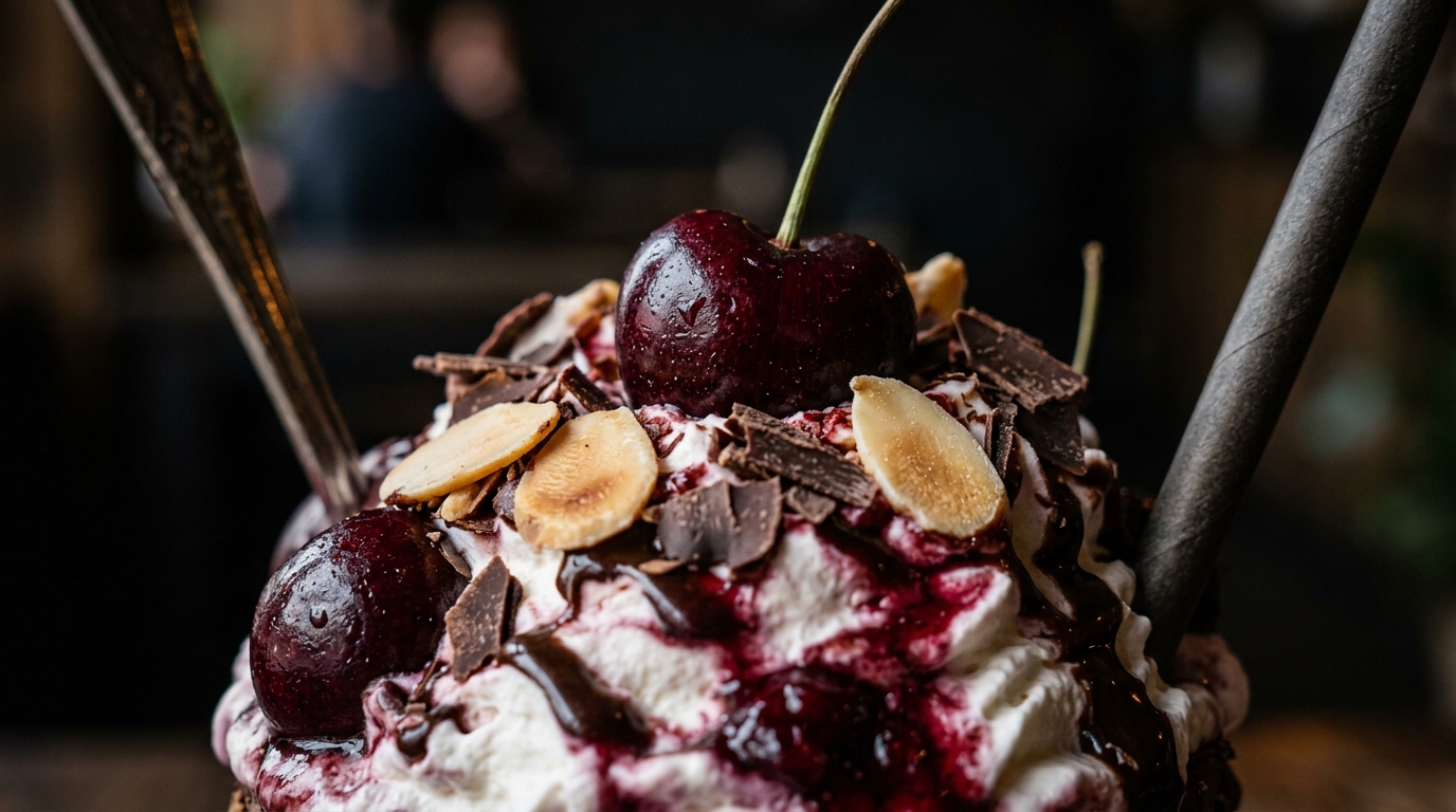 Close-up of rich dark cherry almond milkshake