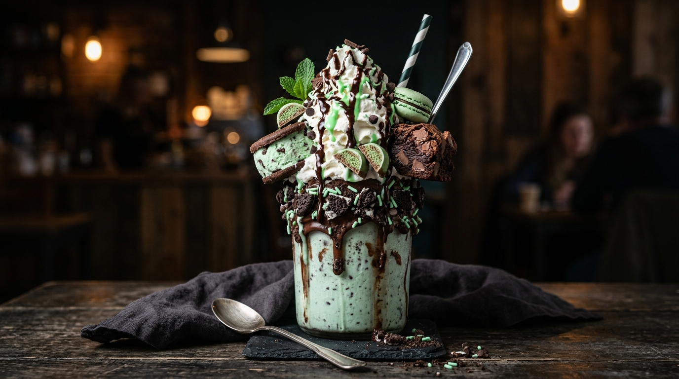 Close-up of mint chocolate chip freakshake